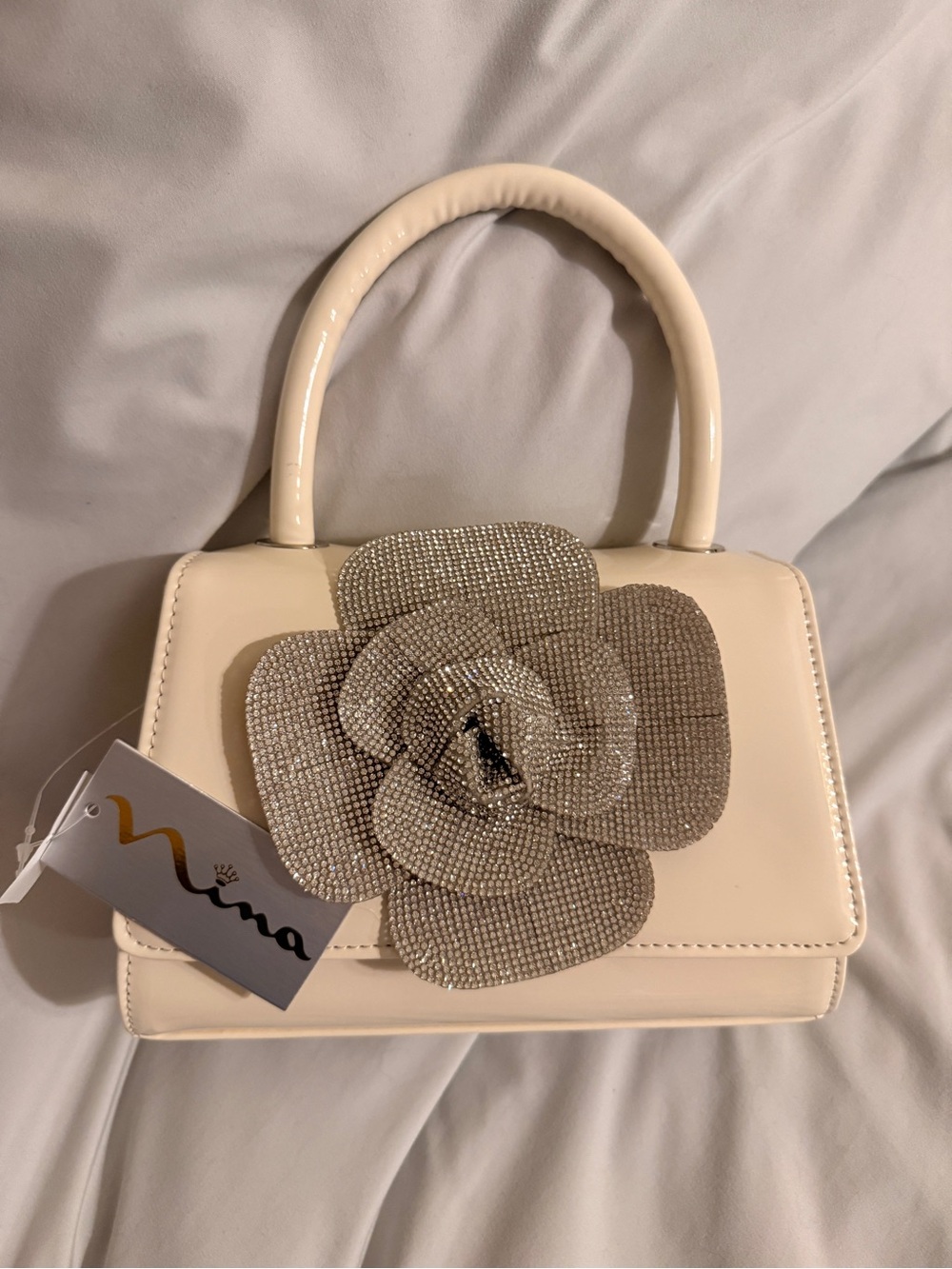 Nina Cream Mini Top-Handle Bag with Crystal Flower